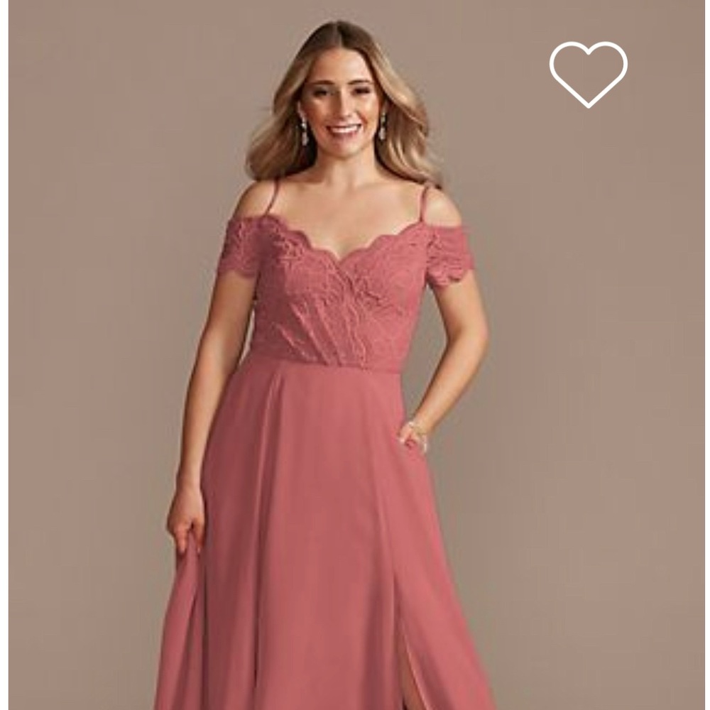 Navy Blue David’s Bridal off-the-shoulder long formal dress